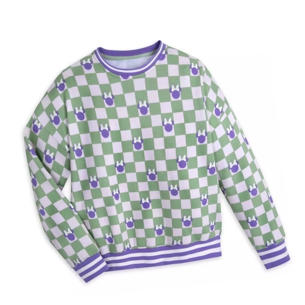 Disney Minnie Mouse Green Purple cute‎ Checkered Pullover Sweatshirt Women XL